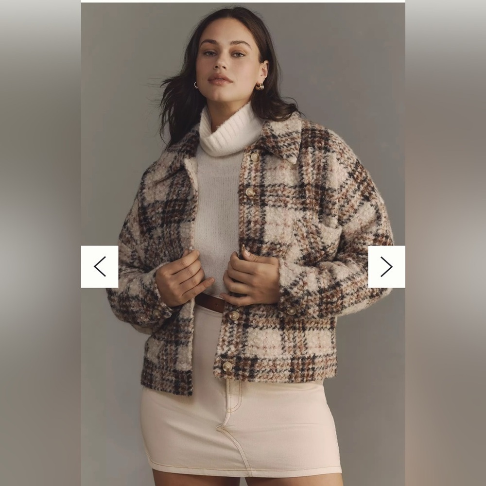 Anthropologie Greylin Fuzzy Cropped Jacket Shacket plaid XL tan brown